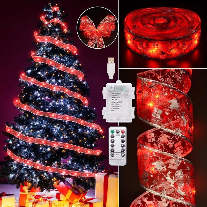 Vimorg Christmas Decorations - 2.5Inch x 66Ft 200 Led Christmas Tree Ribbon Lights with 8 Lighting Modes, Battery Operated & USB Powered Fairy String Lights with Timer for Xmas Tree Decor - Image 1